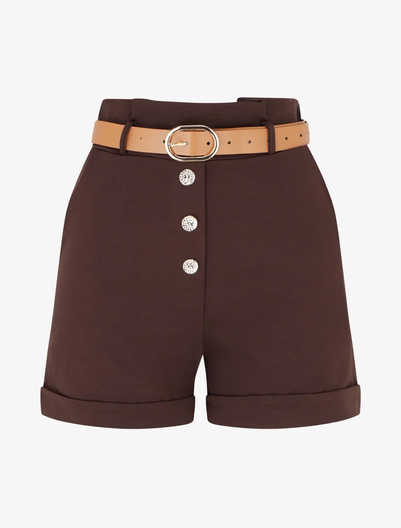 Kurze Paperbag-Shorts mit dekorativen Knöpfen - Braun