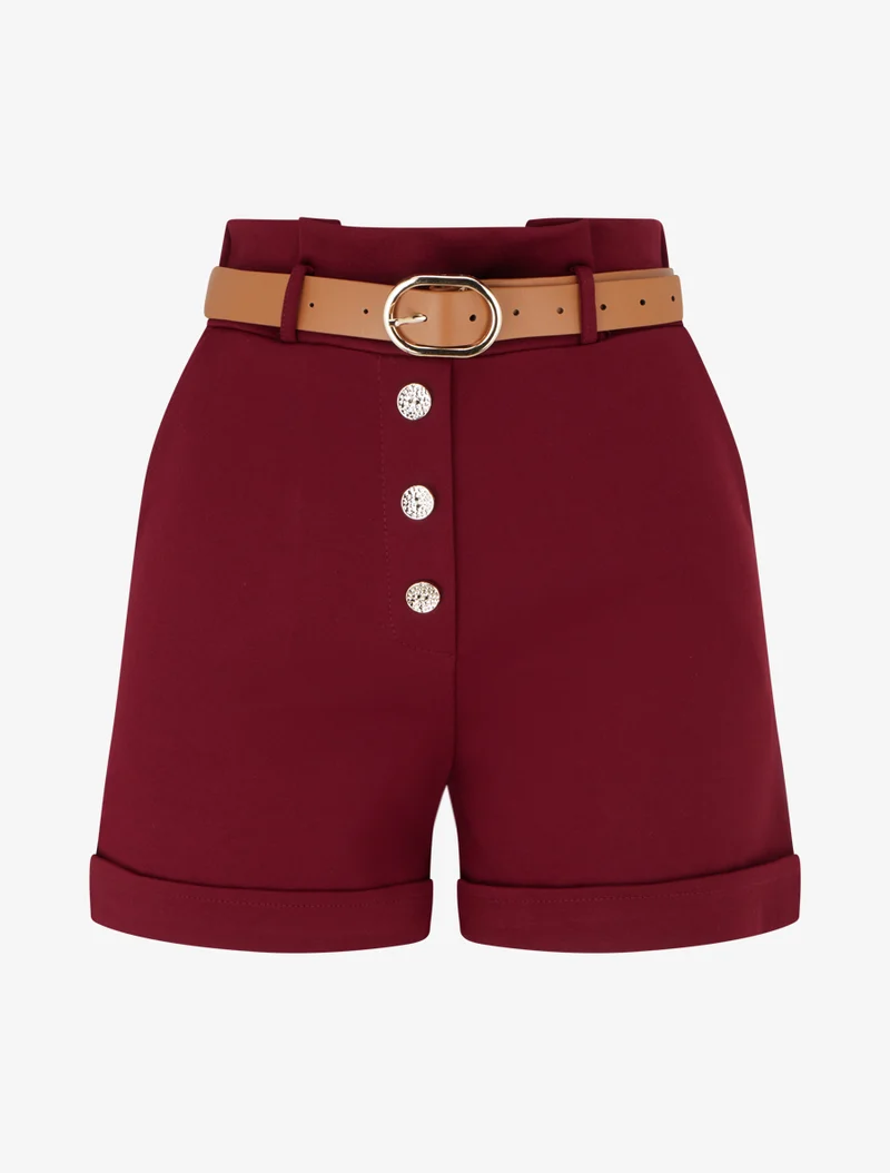 Kurze Paperbag-Shorts mit dekorativen Knöpfen - Bordeaux