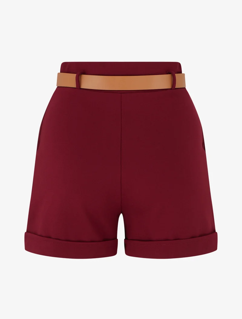 Kurze Paperbag-Shorts mit dekorativen Knöpfen - Bordeaux