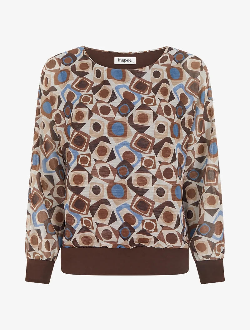 Retro bedruckte Bluse mit schimmerndem Detail - Braun