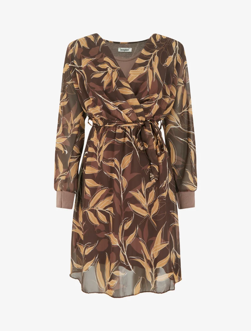 Gerades Kleid mit Blätterdruck - Braun