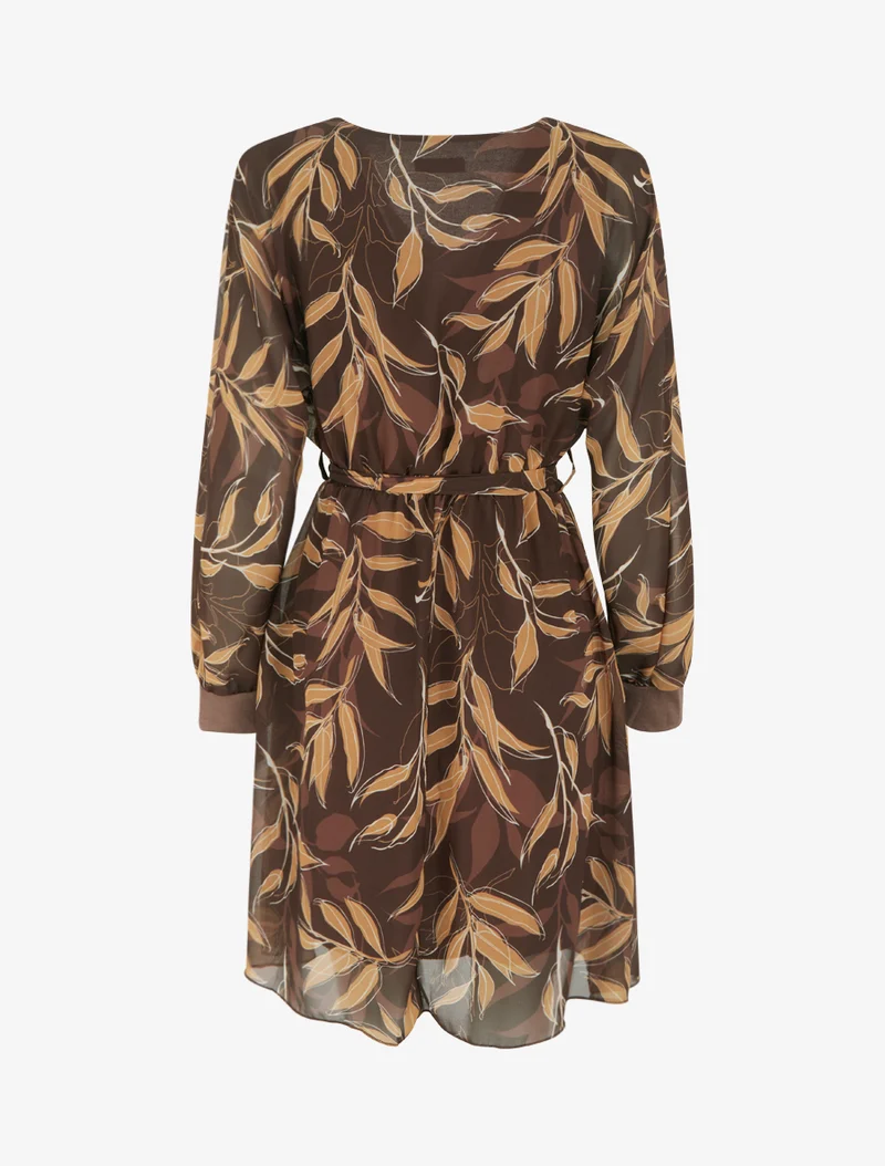 Gerades Kleid mit Blätterdruck - Braun