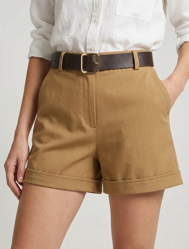 Gekrempelte Shorts mit Gürtel - Kamel
