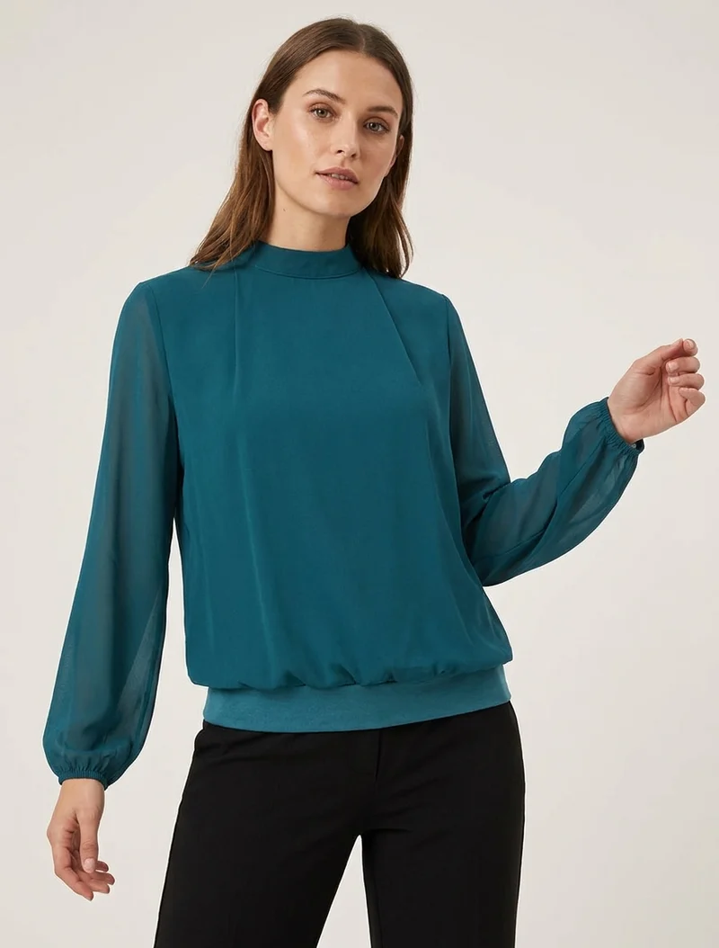 Einfarbige Bluse mit elastischen Manschetten - Entenblau