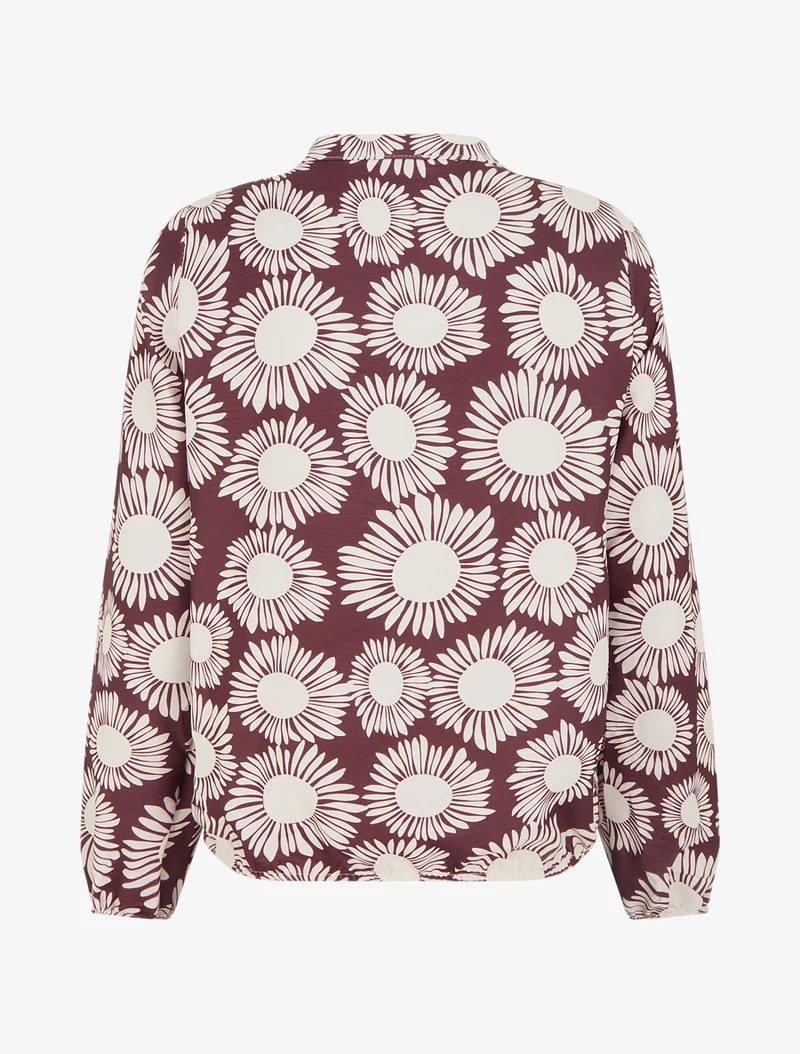 Bluse mit Blumenmuster und elastischen Bündchen. - Pflaume