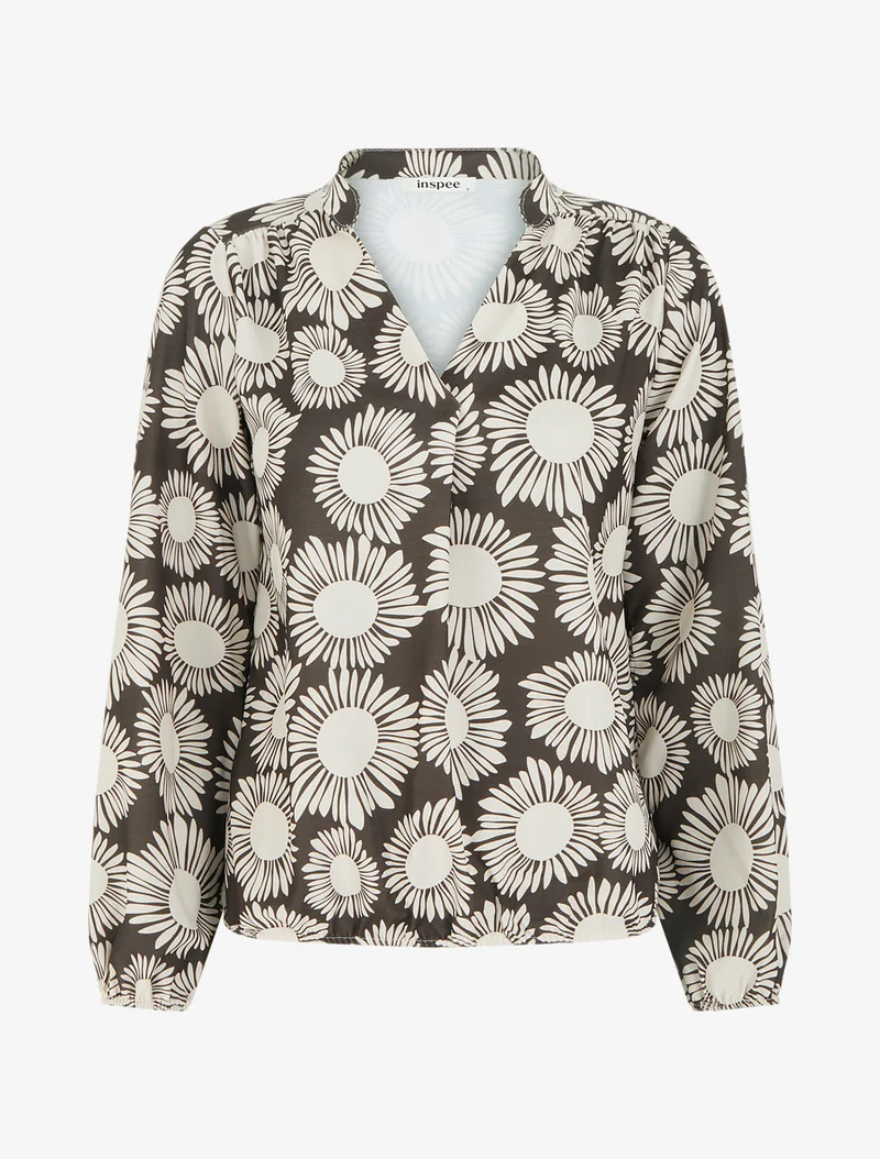Bluse mit Blumenmuster und elastischen Bündchen. - Braun