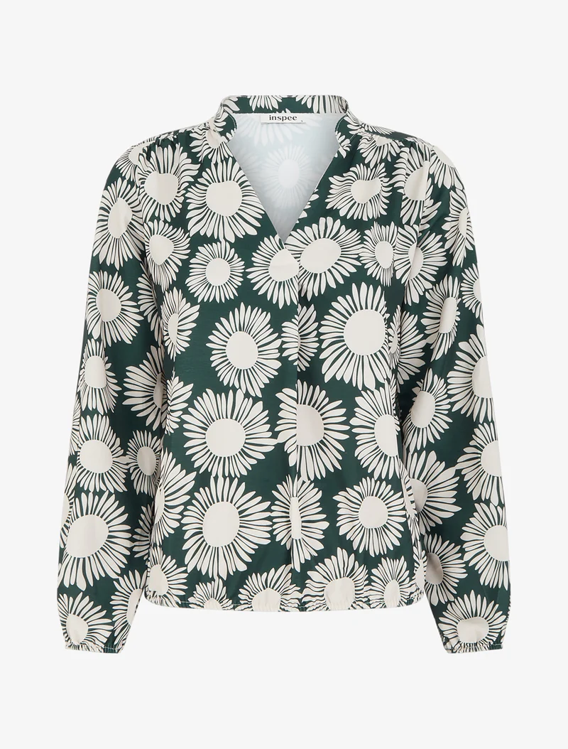 Bluse mit Blumenmuster und elastischen Bündchen. - Tannengrün