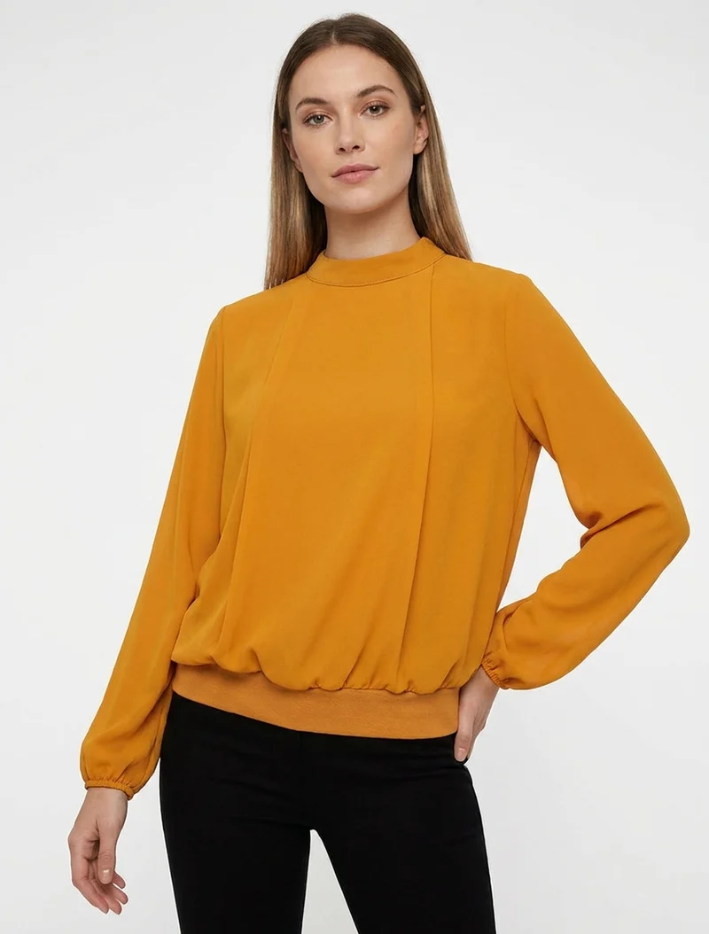 Einfarbige Bluse mit elastischen Manschetten - Senfgelb