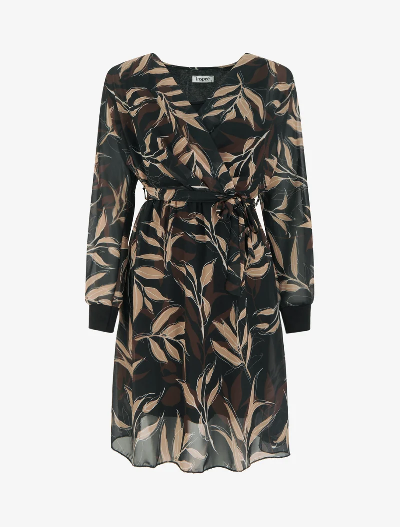 Gerades Kleid mit Blätterdruck - Schwarz
