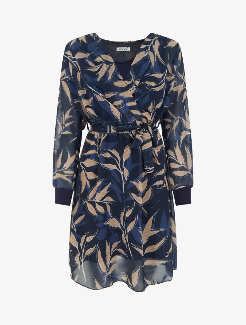 Gerades Kleid mit Blätterdruck - Marine