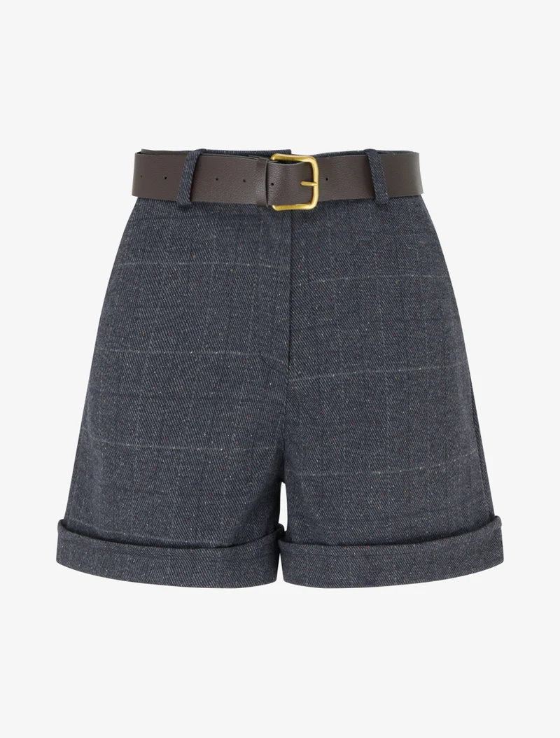 Karierte High-Waist-Shorts - Blaugrau