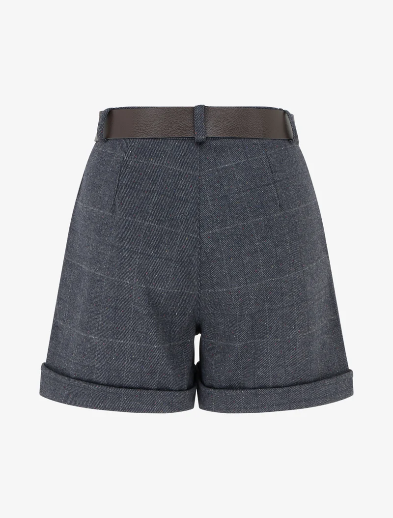 Karierte High-Waist-Shorts - Blaugrau