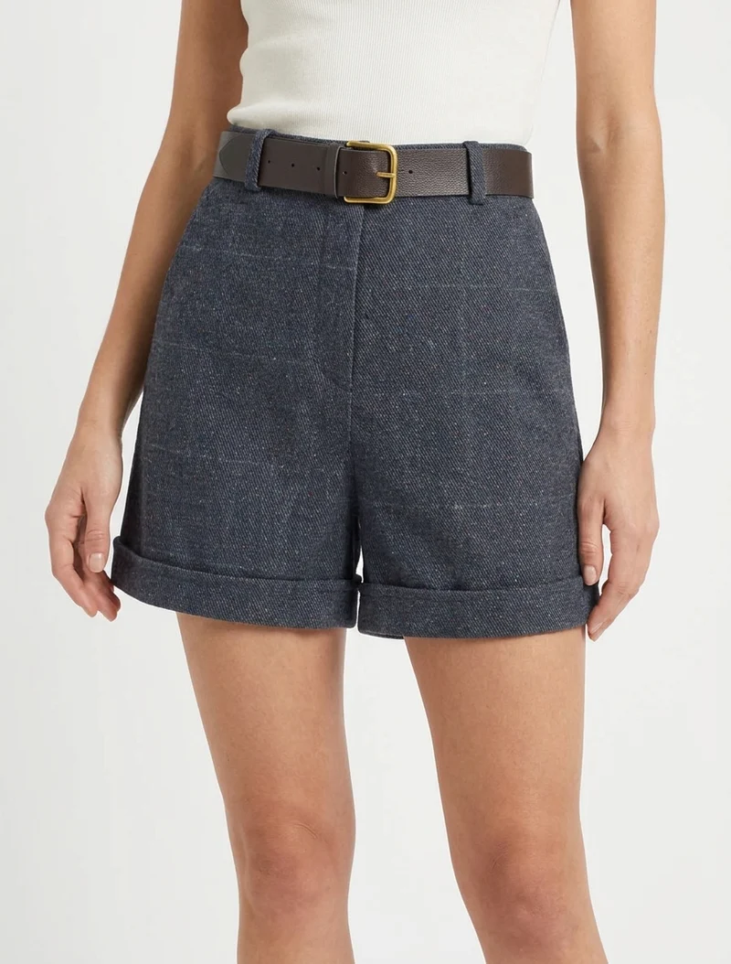 Karierte High-Waist-Shorts - Blaugrau