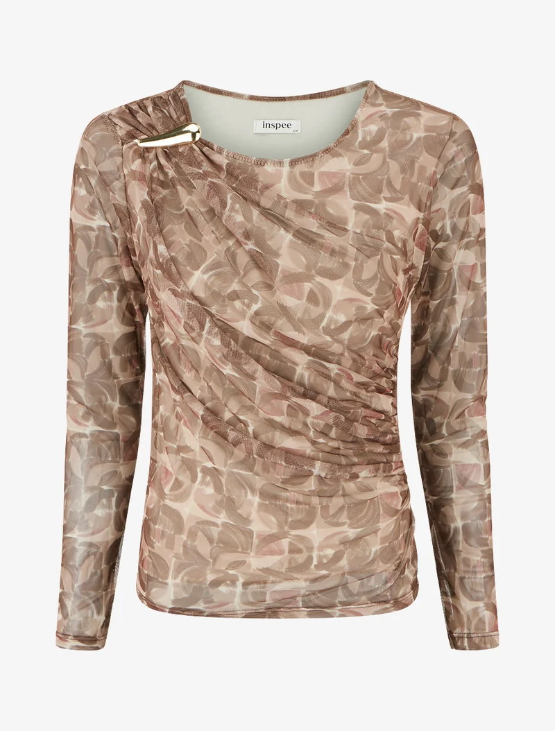 Tülltop mit abstraktem Druck und Juwelenbesatz - Beige