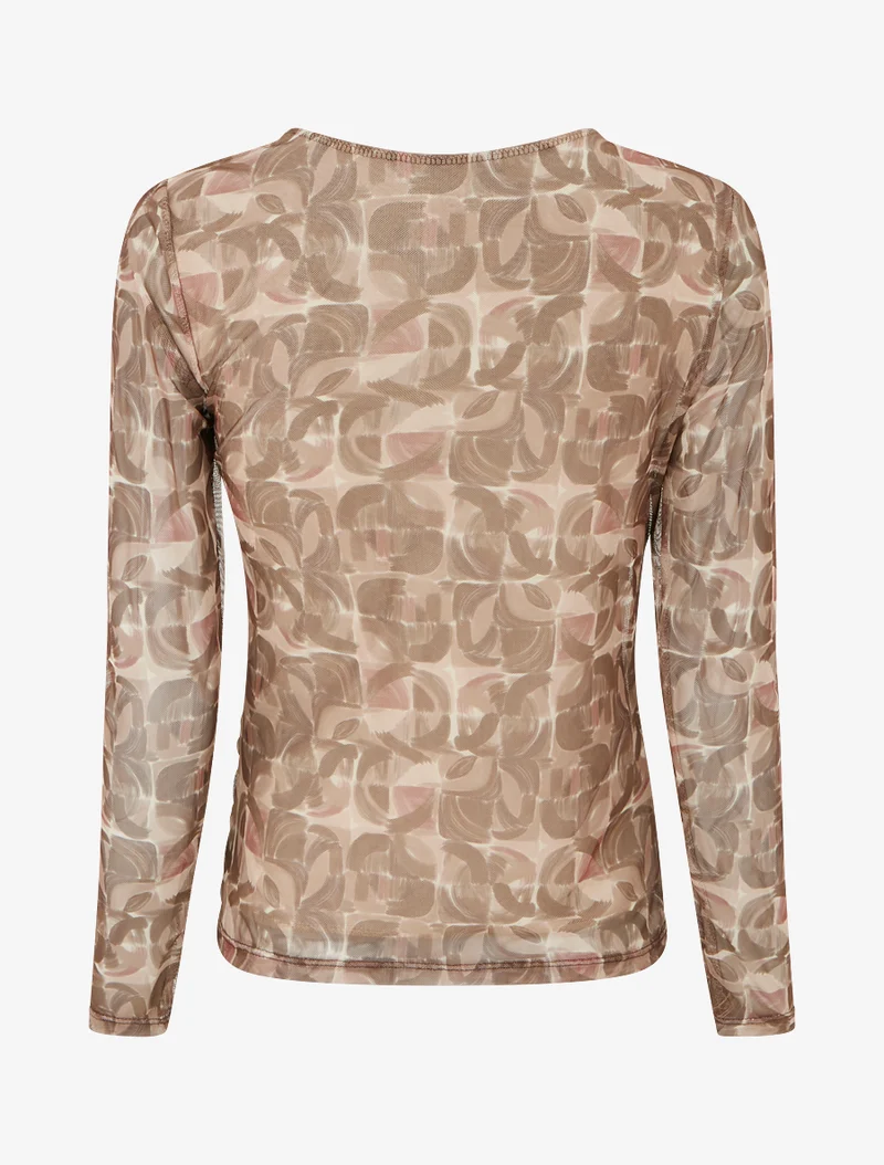 Tülltop mit abstraktem Druck und Juwelenbesatz - Beige