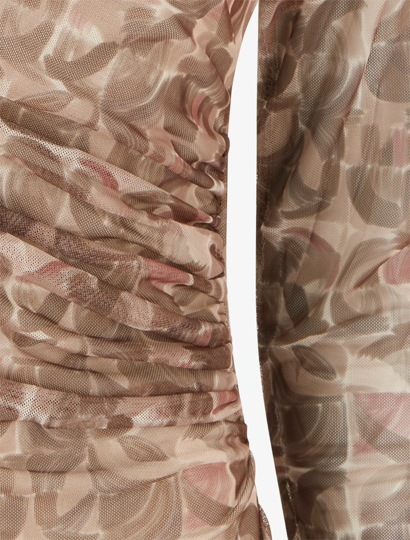 Tülltop mit abstraktem Druck und Juwelenbesatz - Beige