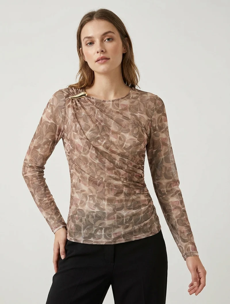 Tülltop mit abstraktem Druck und Juwelenbesatz - Beige