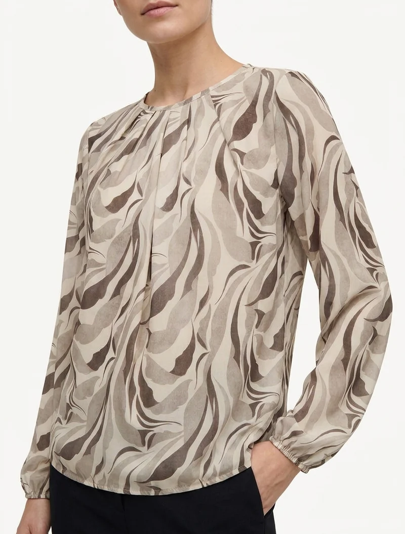 Abstrakt bedruckte Bluse mit Rundhalsausschnitt - Beige