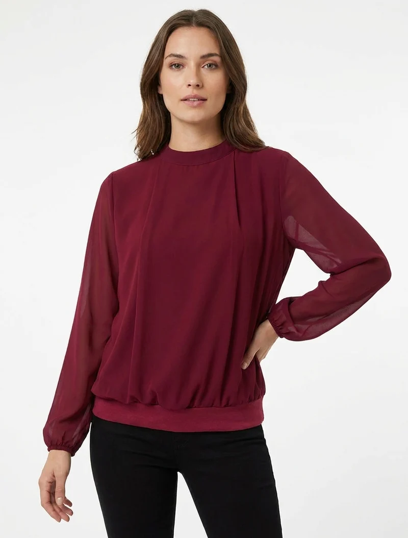 Einfarbige Bluse mit elastischen Manschetten - Bordeaux