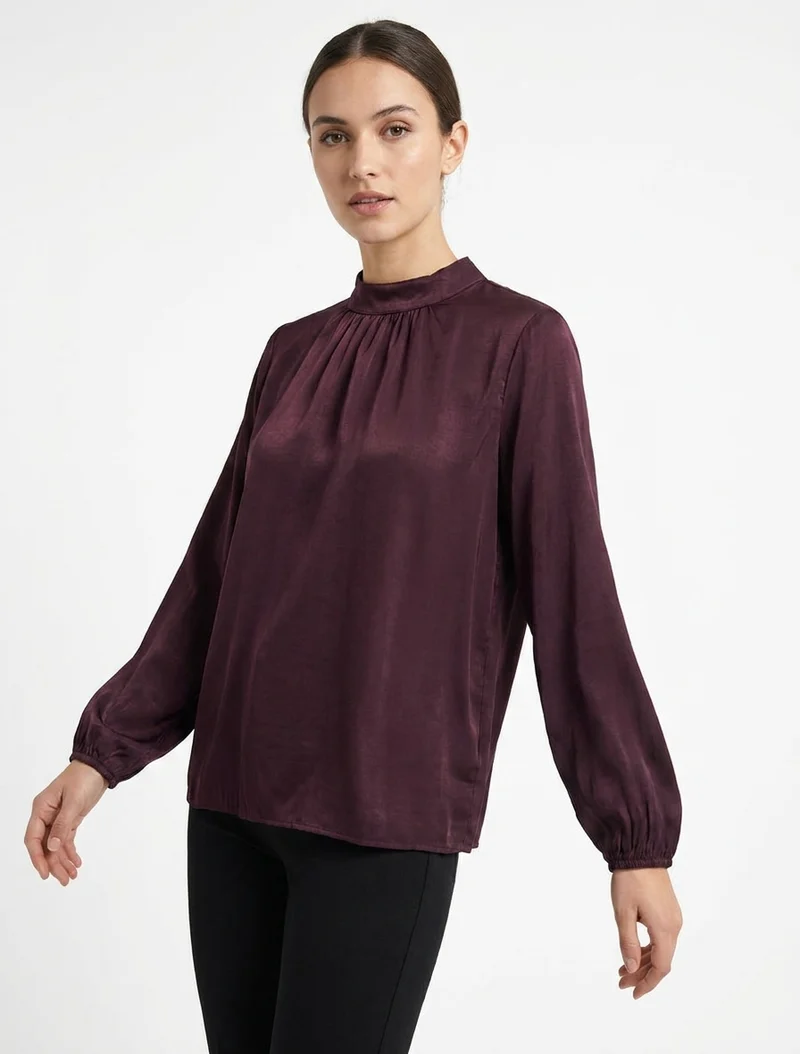 Satinbluse mit elastischen Bündchen - Pflaume