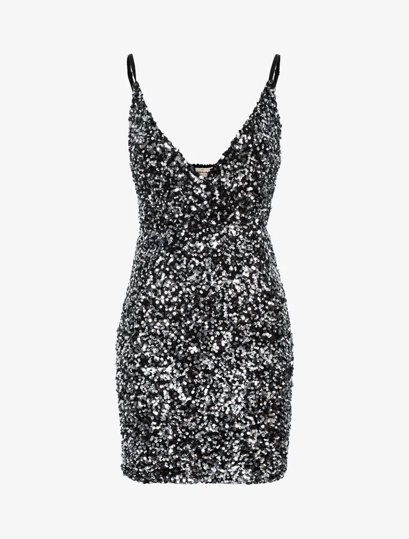 Wickelkleid mit Herz-Ausschnitt aus Pailletten - Silber/Schwarz