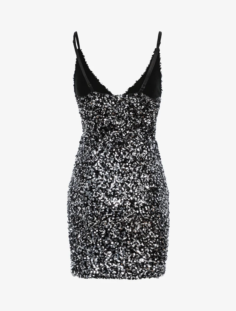 Wickelkleid mit Herz-Ausschnitt aus Pailletten - Silber/Schwarz