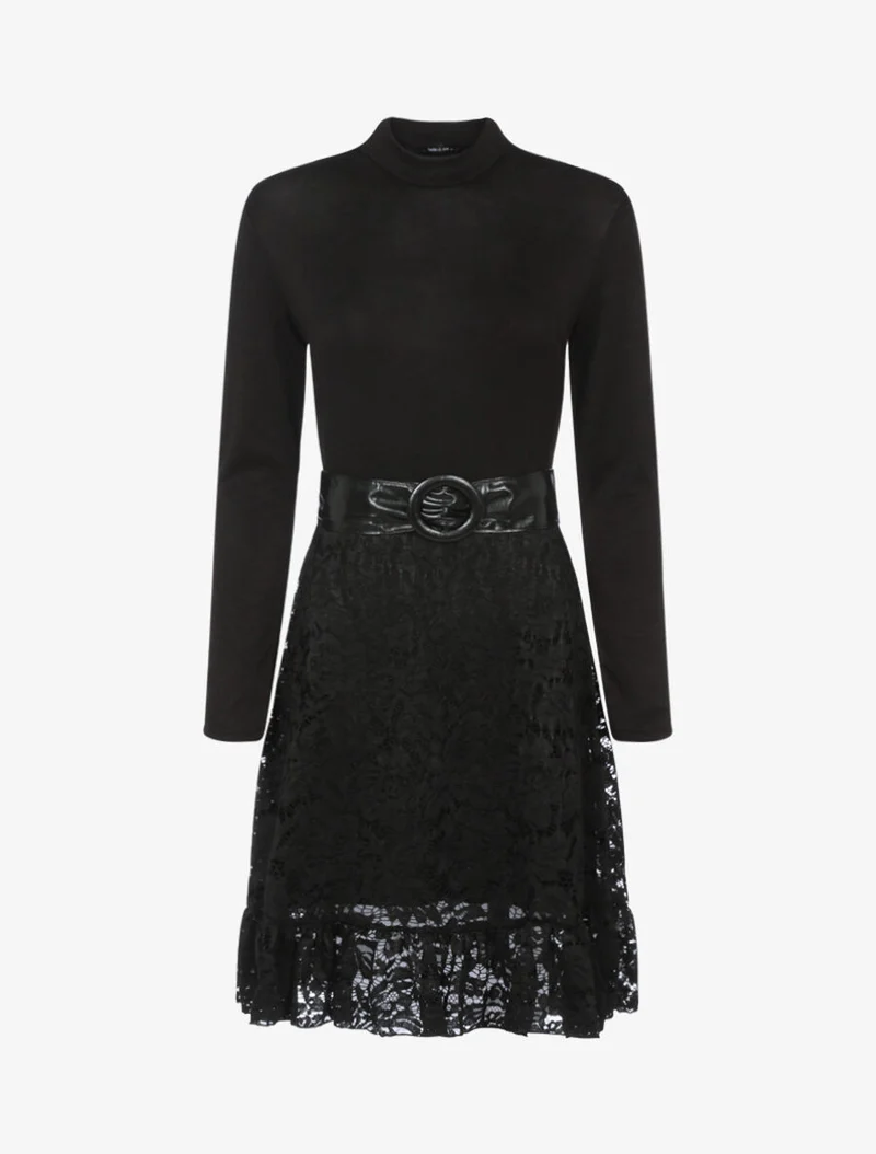 Feinknitterkleid und Spitze - Schwarz