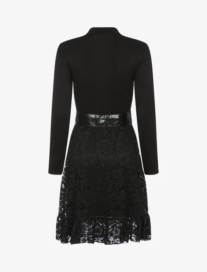 Feinknitterkleid und Spitze - Schwarz