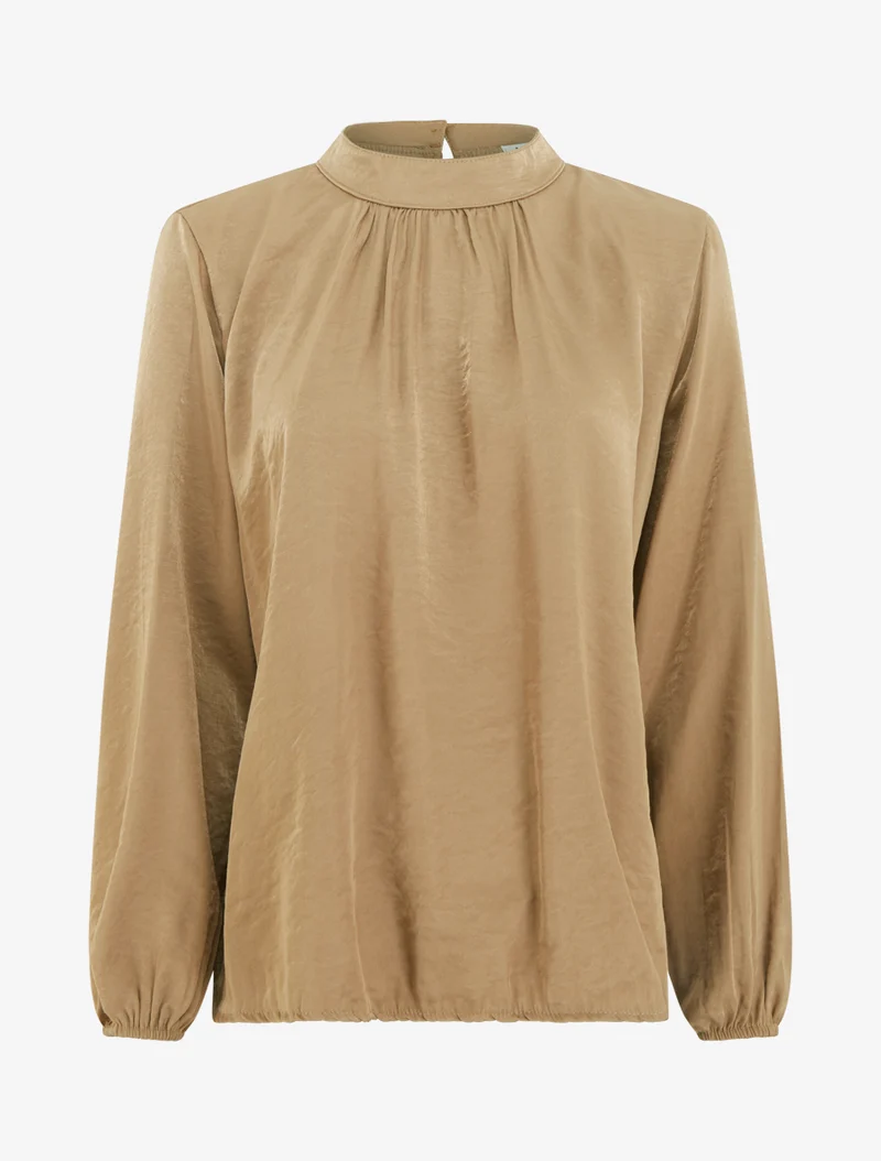 Satinbluse mit elastischen Bündchen - Kamel