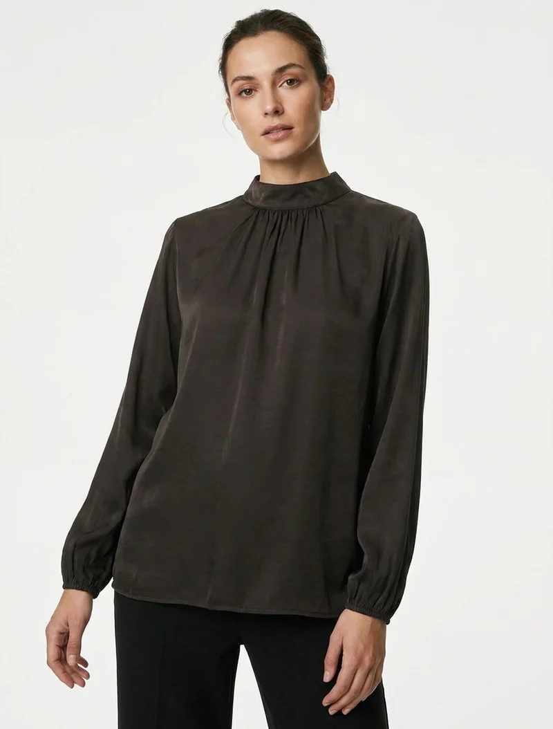 Satinbluse mit elastischen Bündchen - Braun