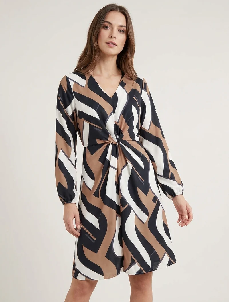 Langärmliges Kleid mit grafischem Druck - Schwarz