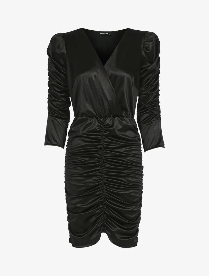 Gerafftes Kleid mit langen Ärmeln - Schwarz