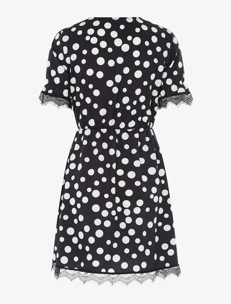 Wickelkleid mit Punktmuster und Spitzenbesatz - Schwarz