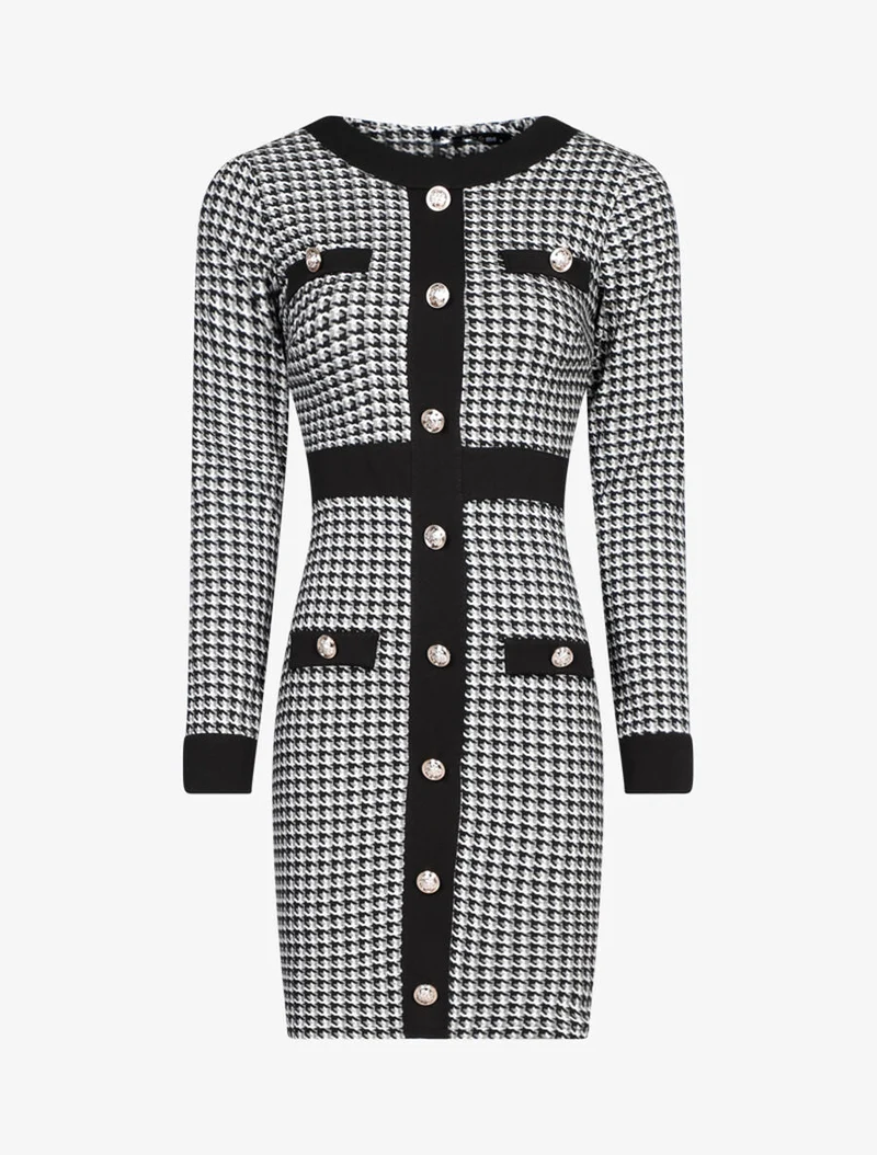 Elegantes Kleid mit Hahnentrittmuster - Schwarz