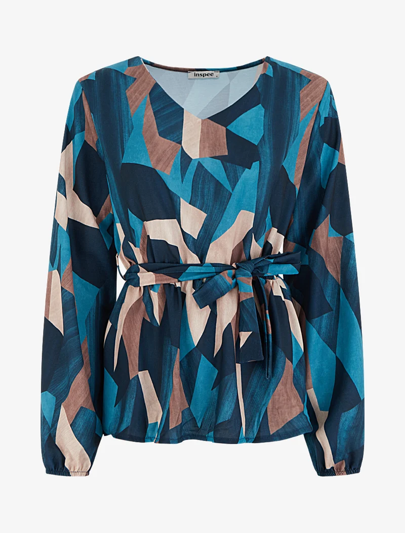 Bluse mit abstraktem Print im Peplum-Stil - Entenblau