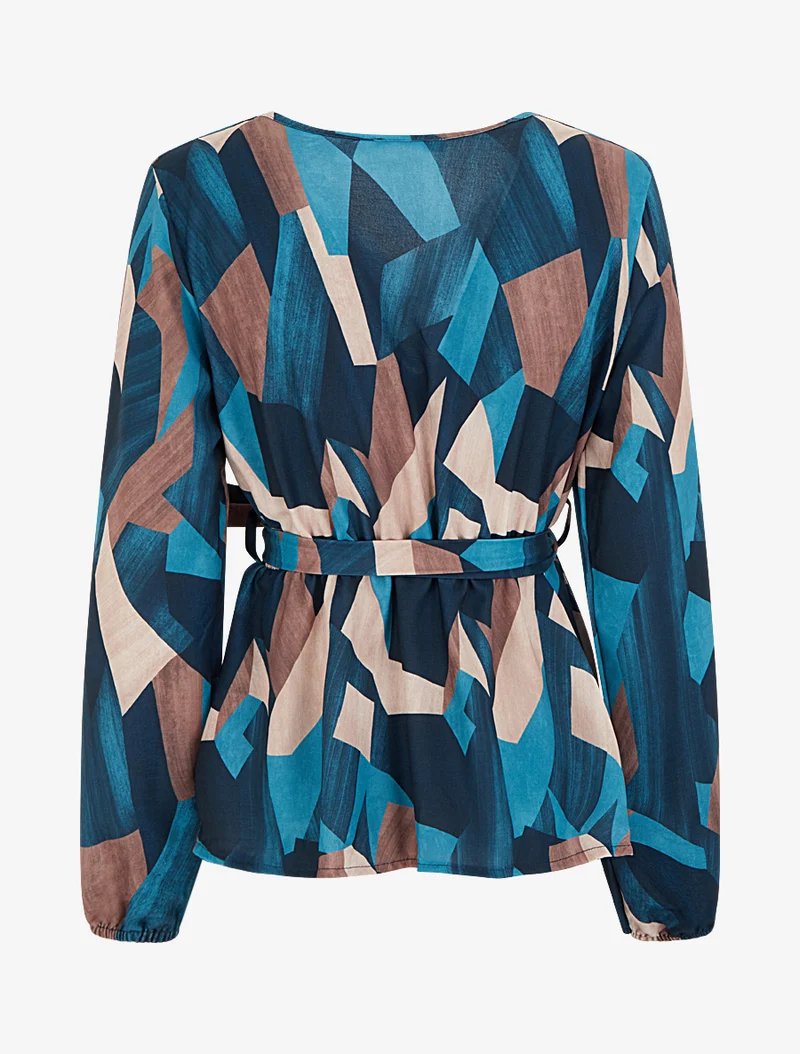 Bluse mit abstraktem Print im Peplum-Stil - Entenblau