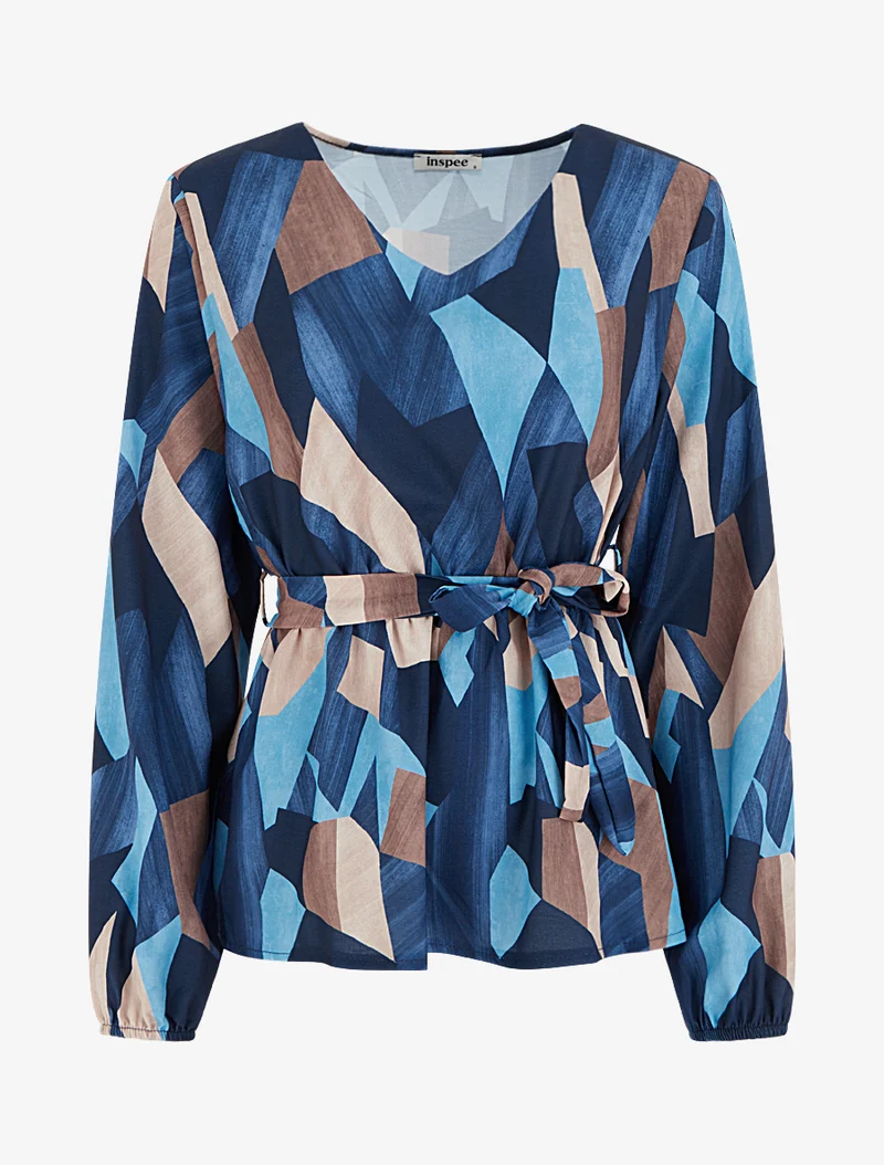 Bluse mit abstraktem Print im Peplum-Stil - Marine