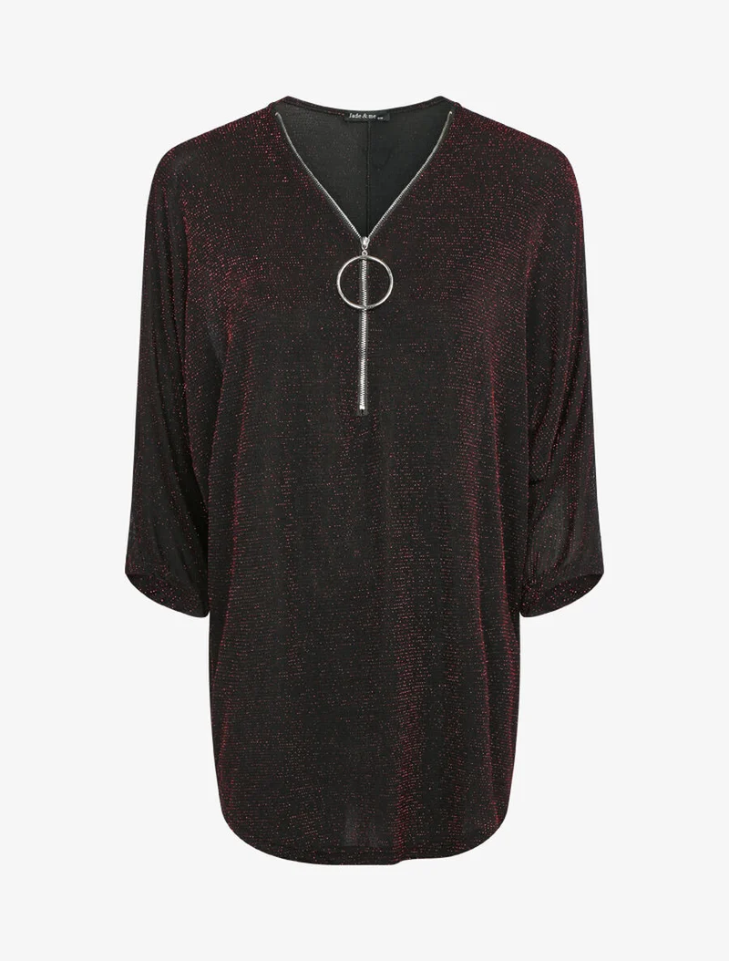 Glitzerndes Dolman-Top mit Reißverschlusskragen - Rot