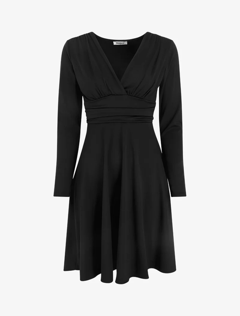 Langärmeliges Skaterkleid mit geraffter Taille - Schwarz