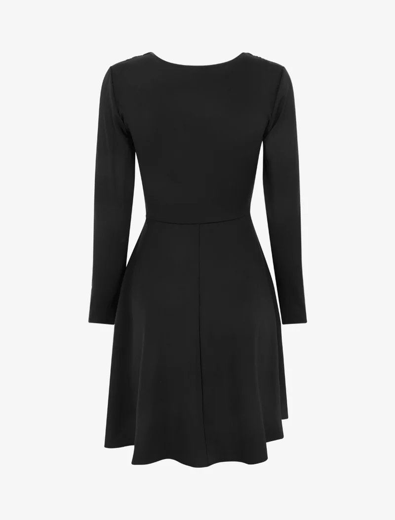 Langärmeliges Skaterkleid mit geraffter Taille - Schwarz