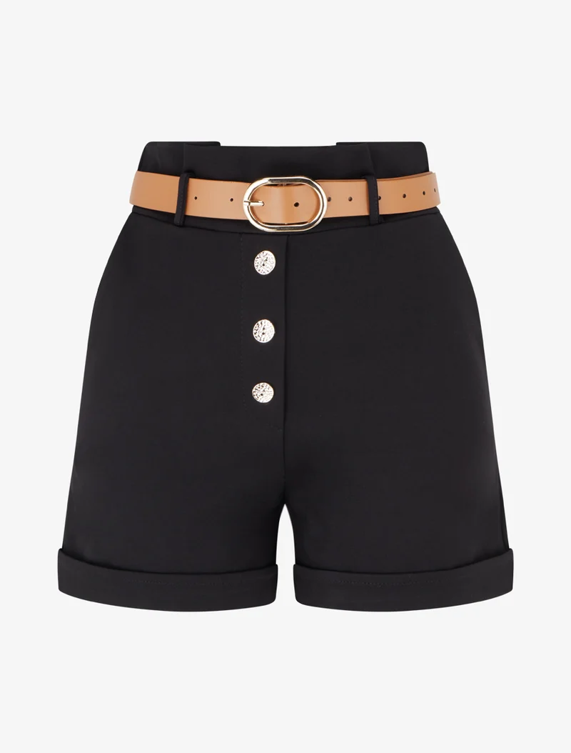 Kurze Paperbag-Shorts mit dekorativen Knöpfen - Schwarz