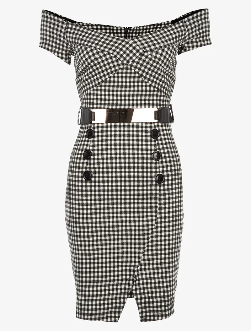 V-Ausschnitt-Kleid mit Vichy-Muster - Schwarz
