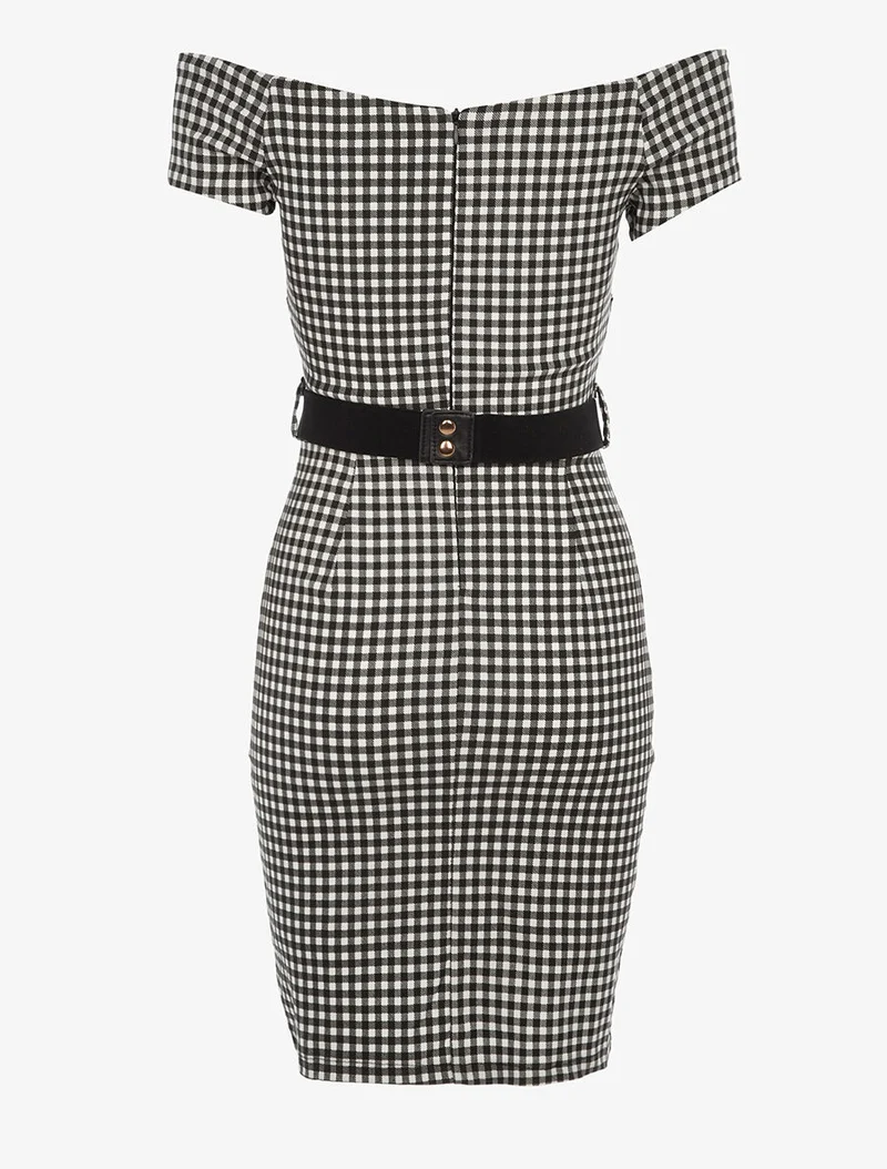 V-Ausschnitt-Kleid mit Vichy-Muster - Schwarz