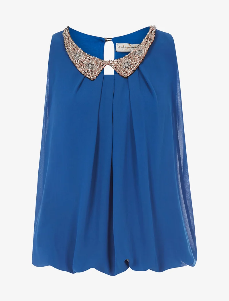 Top mit Claudine-Kragen und Strasssteinen - Blau