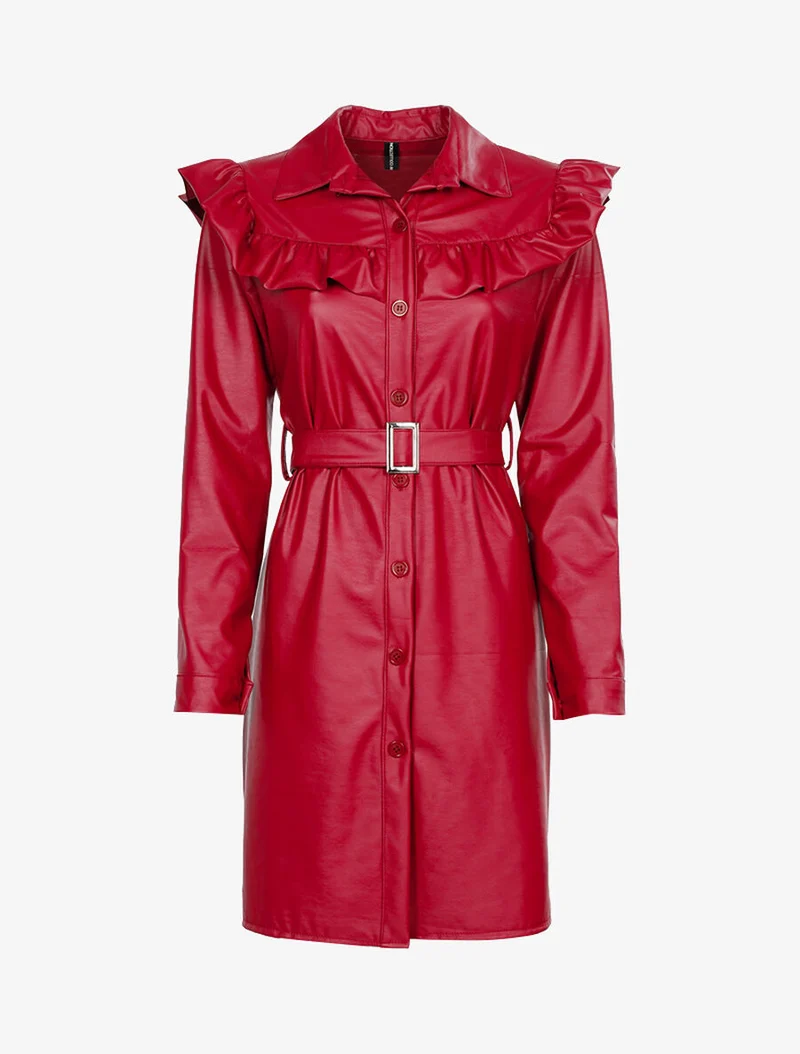 Gerüschtes Kleid in Vinyloptik - Bordeaux