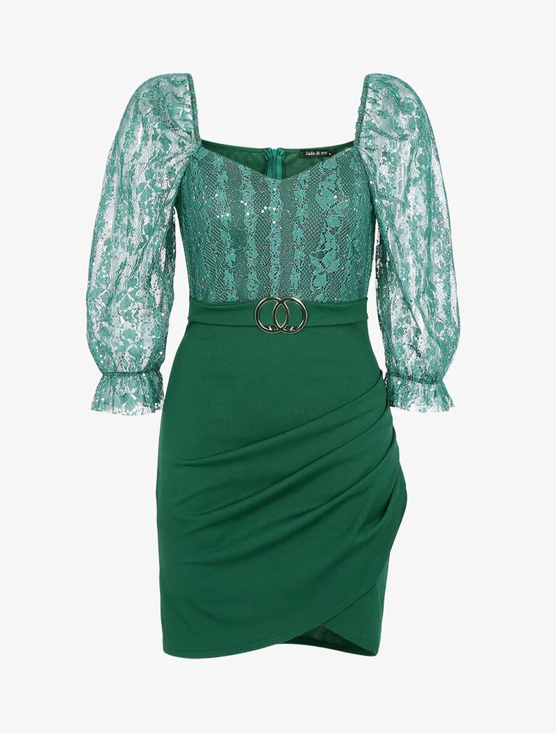 Spitzen- und Pailletten-Kleid - Grün