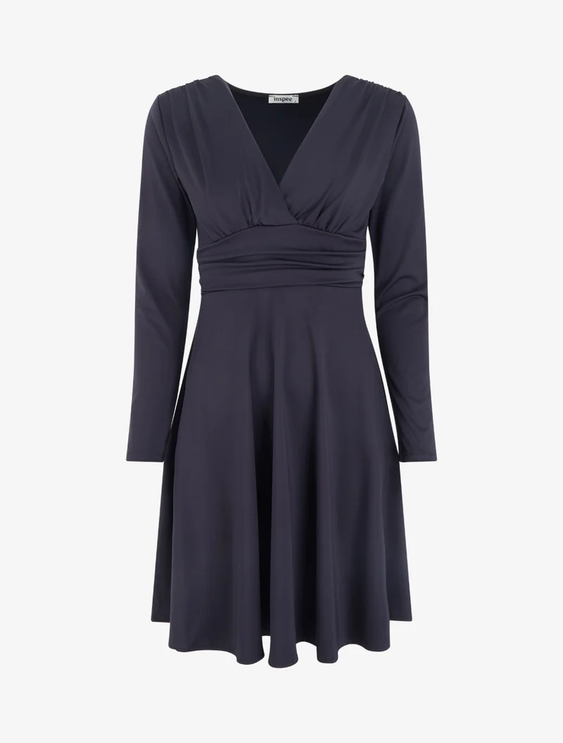 Langärmeliges Skaterkleid mit geraffter Taille - Marine