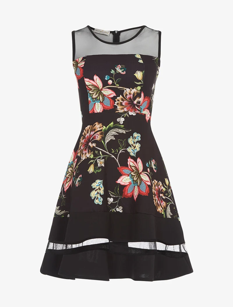 Kleid mit transparenten Einsätzen und Blumen - Schwarz