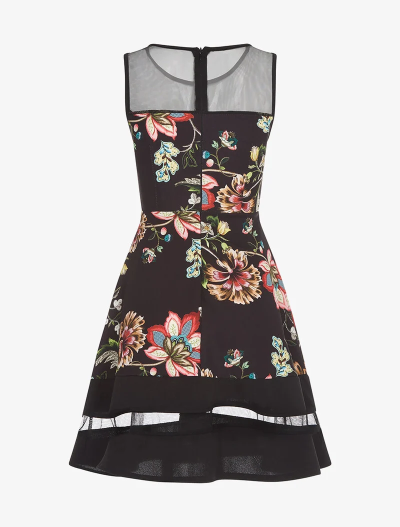 Kleid mit transparenten Einsätzen und Blumen - Schwarz