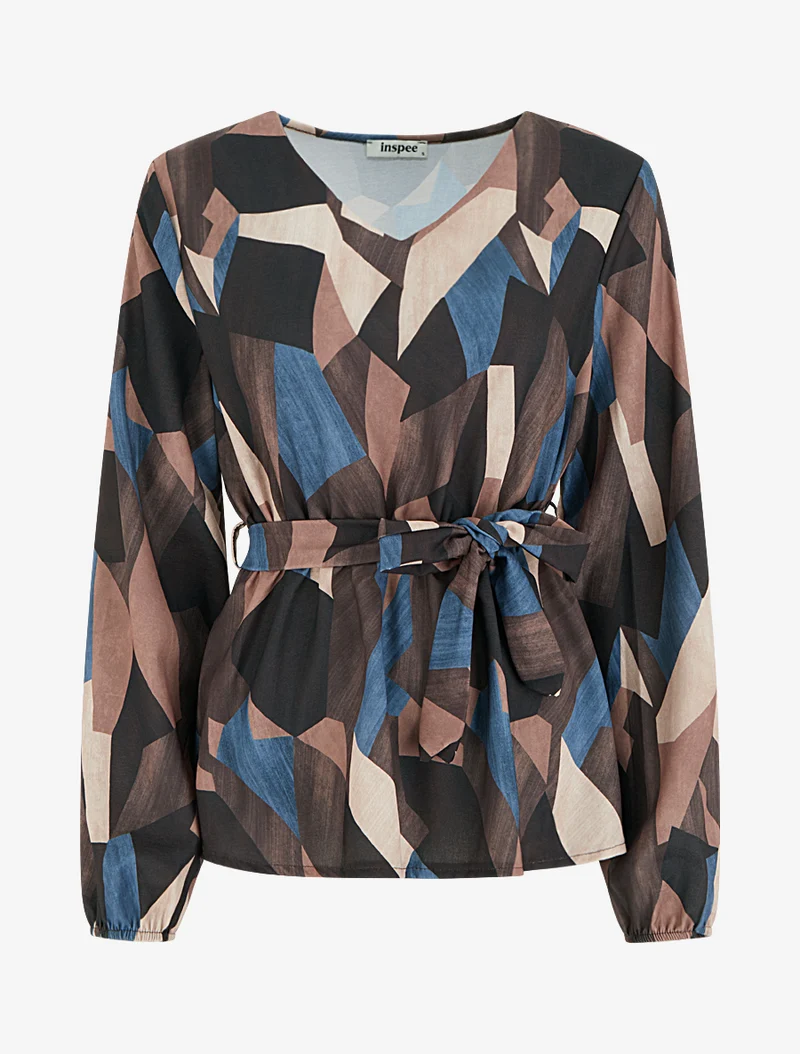 Bluse mit abstraktem Print im Peplum-Stil - Braun